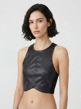 Black Faux Leather Cropped High-Neck Tank